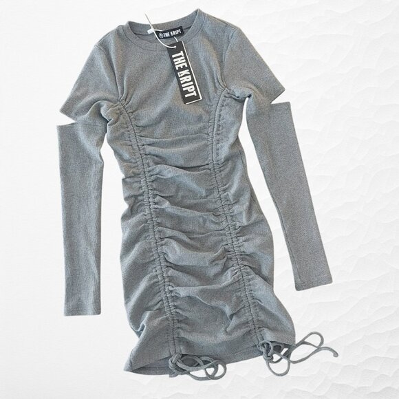 The Kript Ruched Bodycon Mini Dress Gray Large Long Sleeves Ribbed Knit NEW - Picture 4 of 10